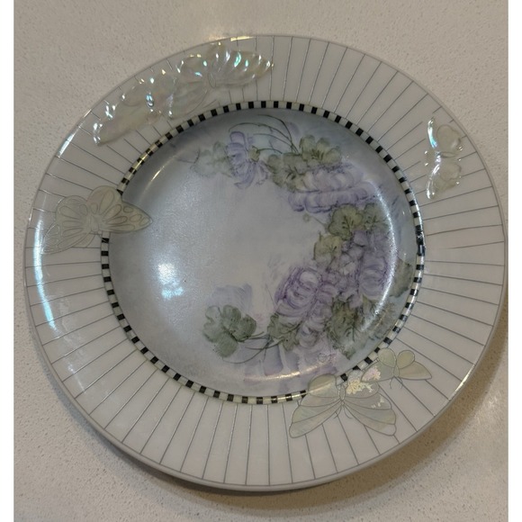 Vtg Linea Custom Painted Plates Porcelain Floral Butterflies Set Of Two 7.75" - Picture 3 of 11